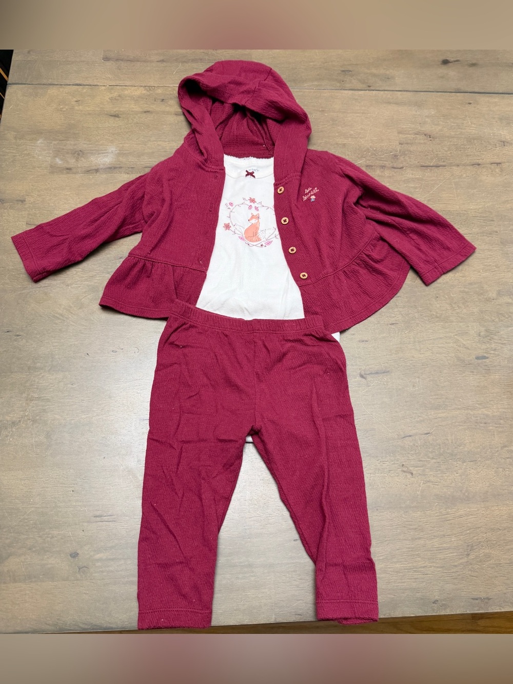 3pc Baby Girl Cozy Burgundy Fox Set 12M
